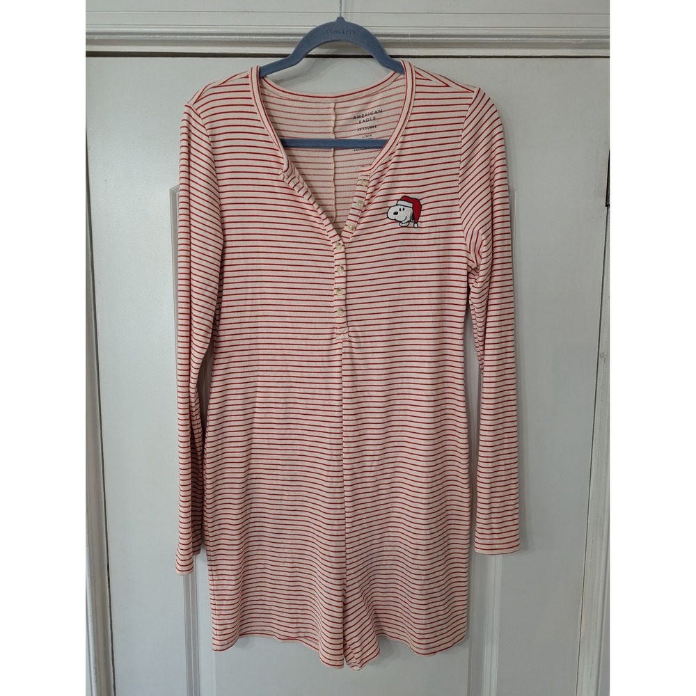 American Eagle Snoopy Christmas Henley Romper Striped pajama Long Sleeve Large